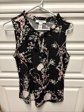 White House Black Market Black Floral Tie-Neck Sleeveless Top